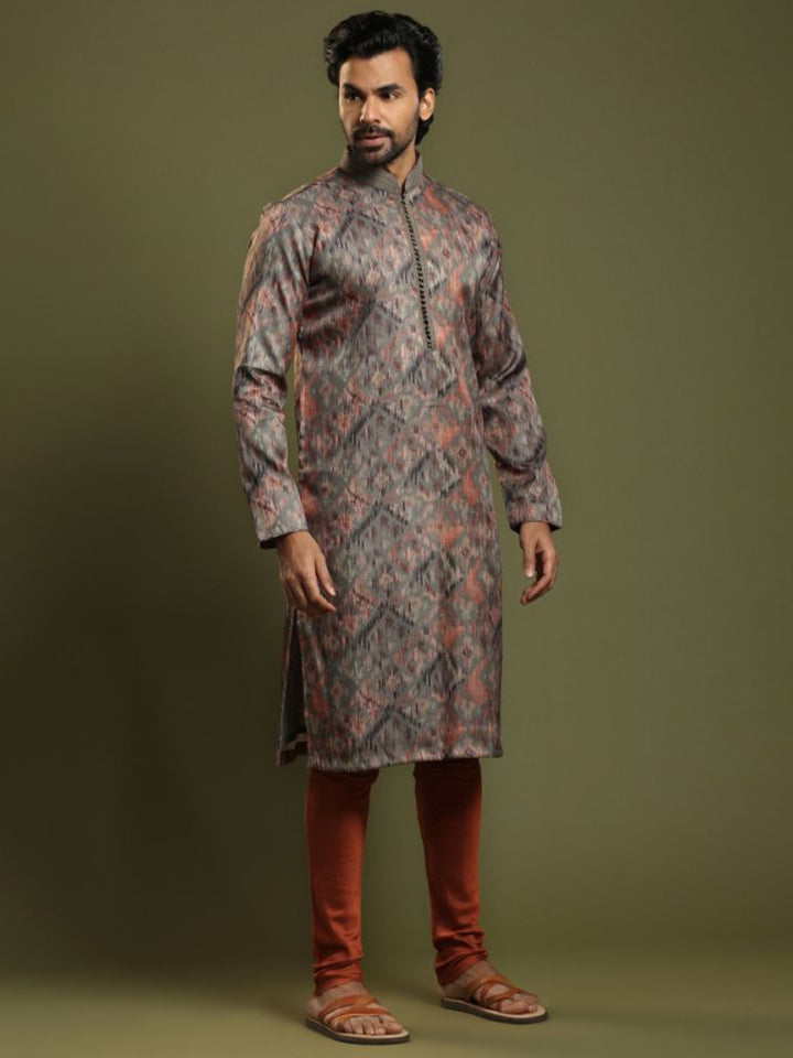 Moss Grey Ikkat Printed Blended Silk Kurta Set