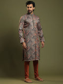 Moss Grey Ikkat Printed Blended Silk Kurta Set - KORANM