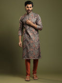 Moss Grey Ikkat Printed Blended Silk Kurta Set - KORANM