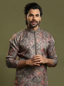 Moss Grey Ikkat Printed Blended Silk Kurta Set - KORANM