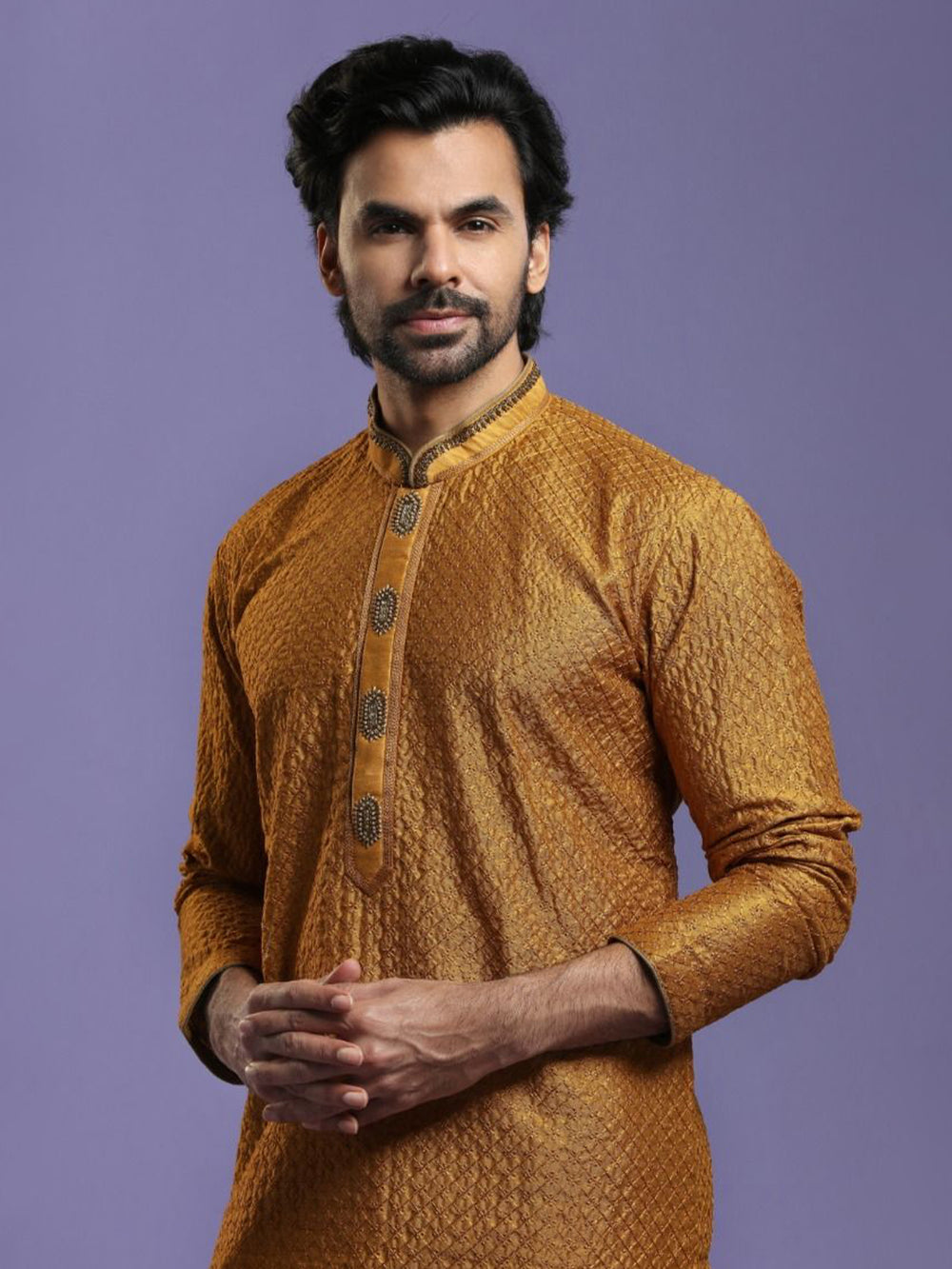 Ochre Yellow Ethnic Embroidered Kurta Set - KORANM