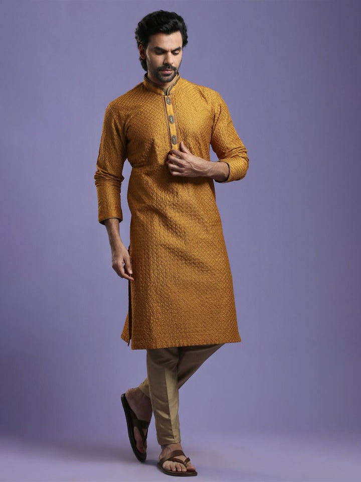 Ochre Yellow Ethnic Embroidered Kurta Set - KORANM