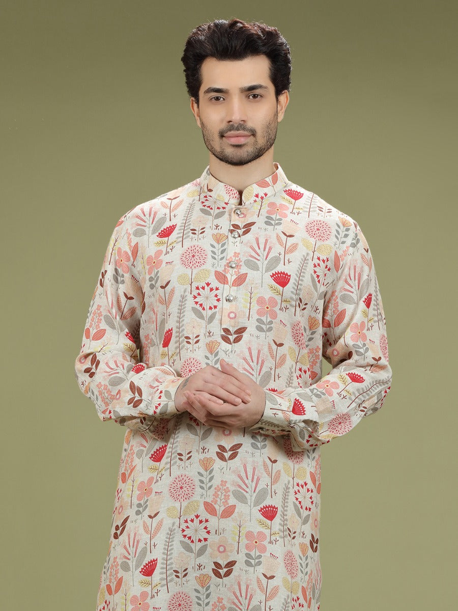 Floral Printed Linen Cotton Kurta Set