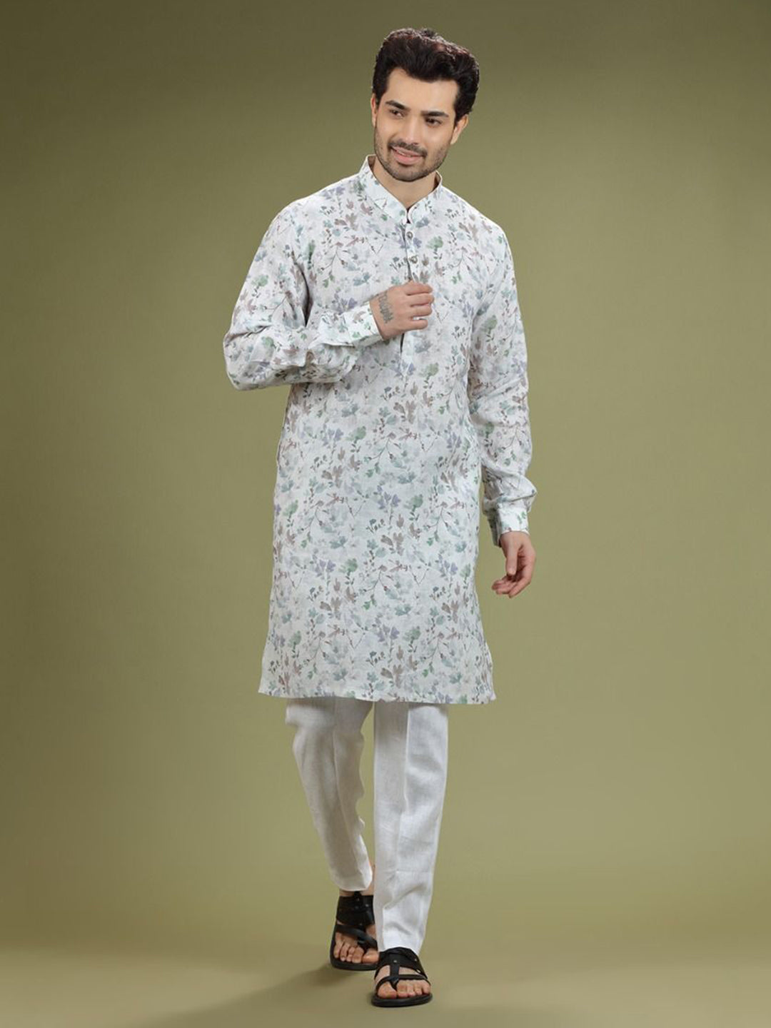 Pearl White Floral Printed Linen Kurta Set - KORANM