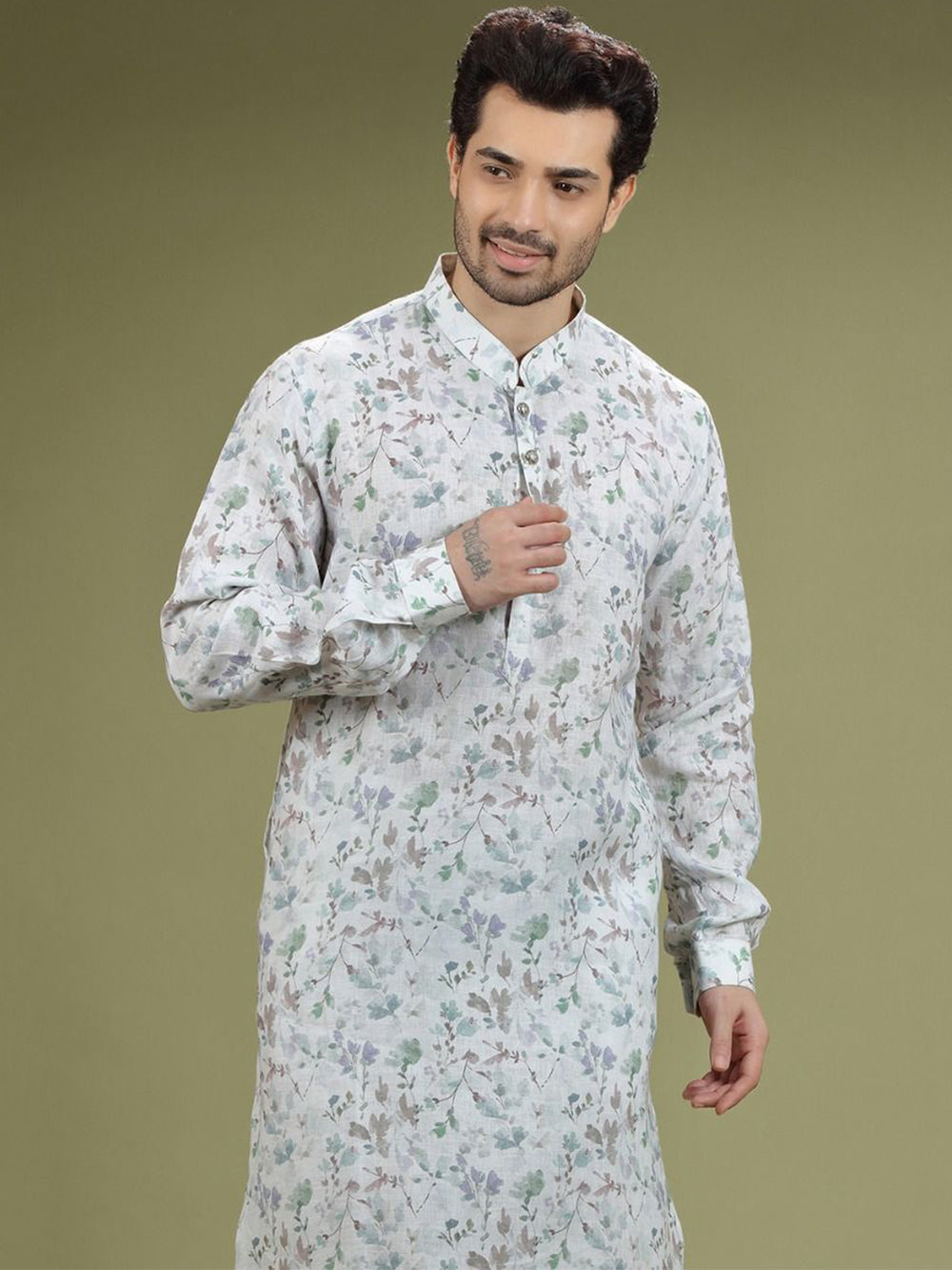 Pearl White Floral Printed Linen Kurta Set - KORANM