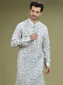 Pearl White Floral Printed Linen Kurta Set - KORANM