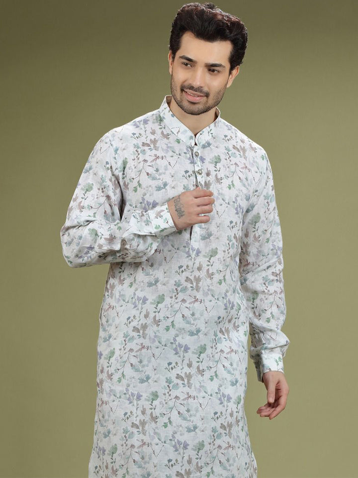 Pearl White Floral Printed Linen Kurta Set - KORANM