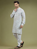 Pearl White Floral Printed Linen Kurta Set - KORANM