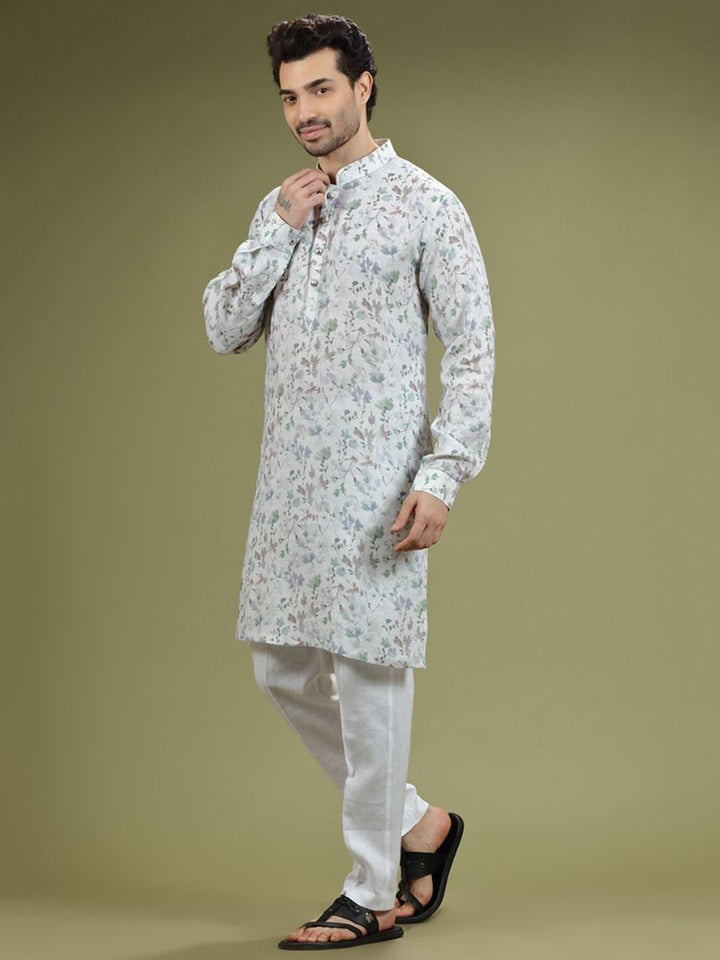 Pearl White Floral Printed Linen Kurta Set - KORANM