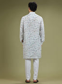 Pearl White Floral Printed Linen Kurta Set - KORANM