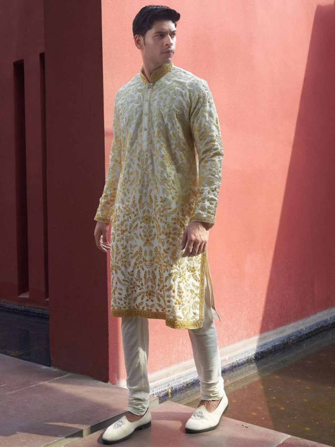 Mustard Yellow Ombre Embroidered Silk Kurta for Men