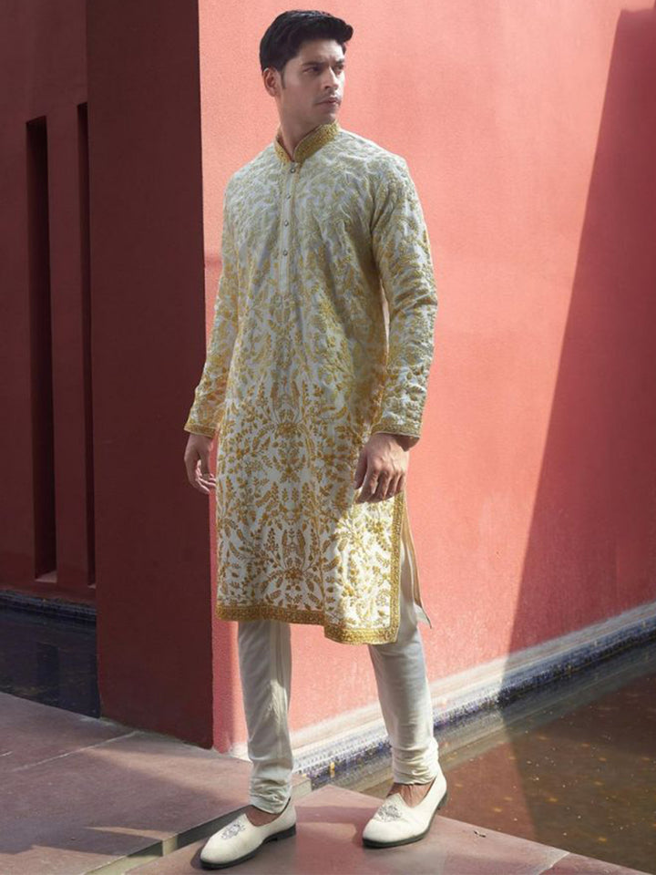 Mustard Yellow Ombre Embroidered Silk Kurta for Men