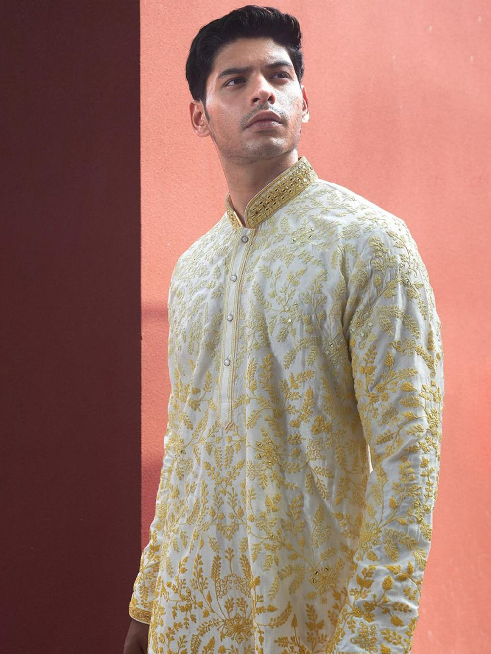 Mustard Yellow Ombre Embroidered Silk Kurta for Men - KORANM