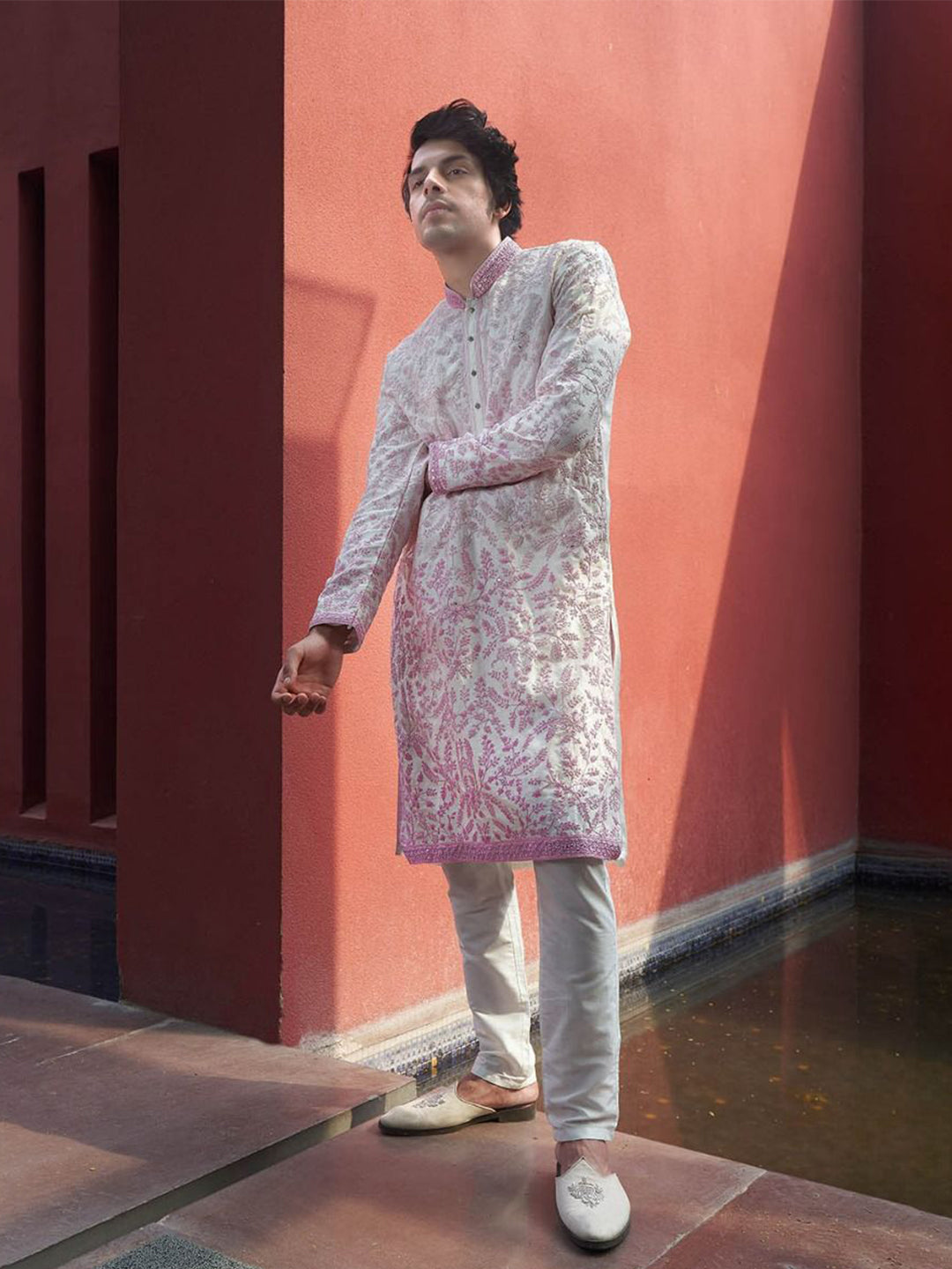 Pink Ombre Embroidered Silk Kurta for Men