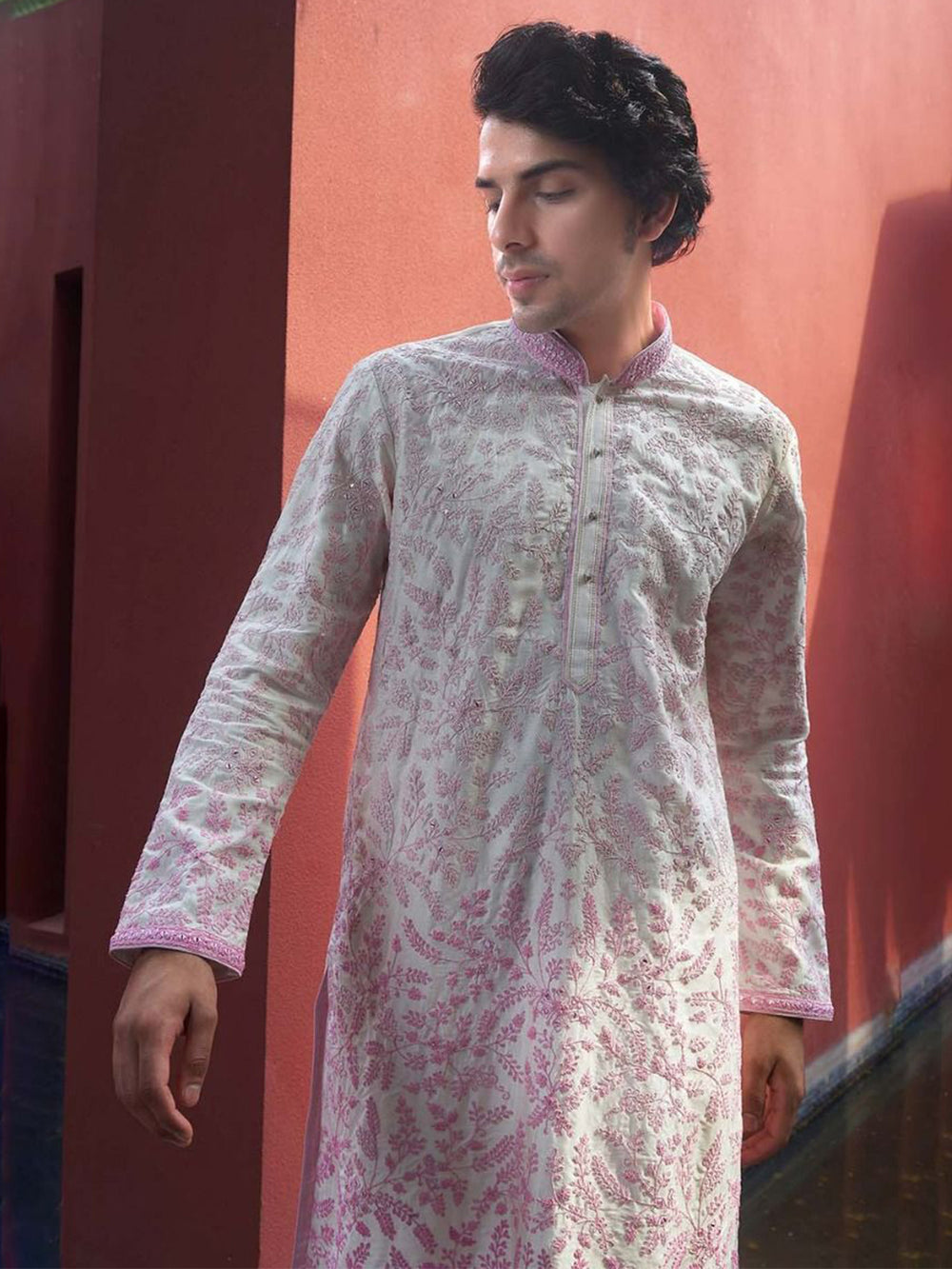Pink Ombre Embroidered Silk Kurta for Men - KORANM