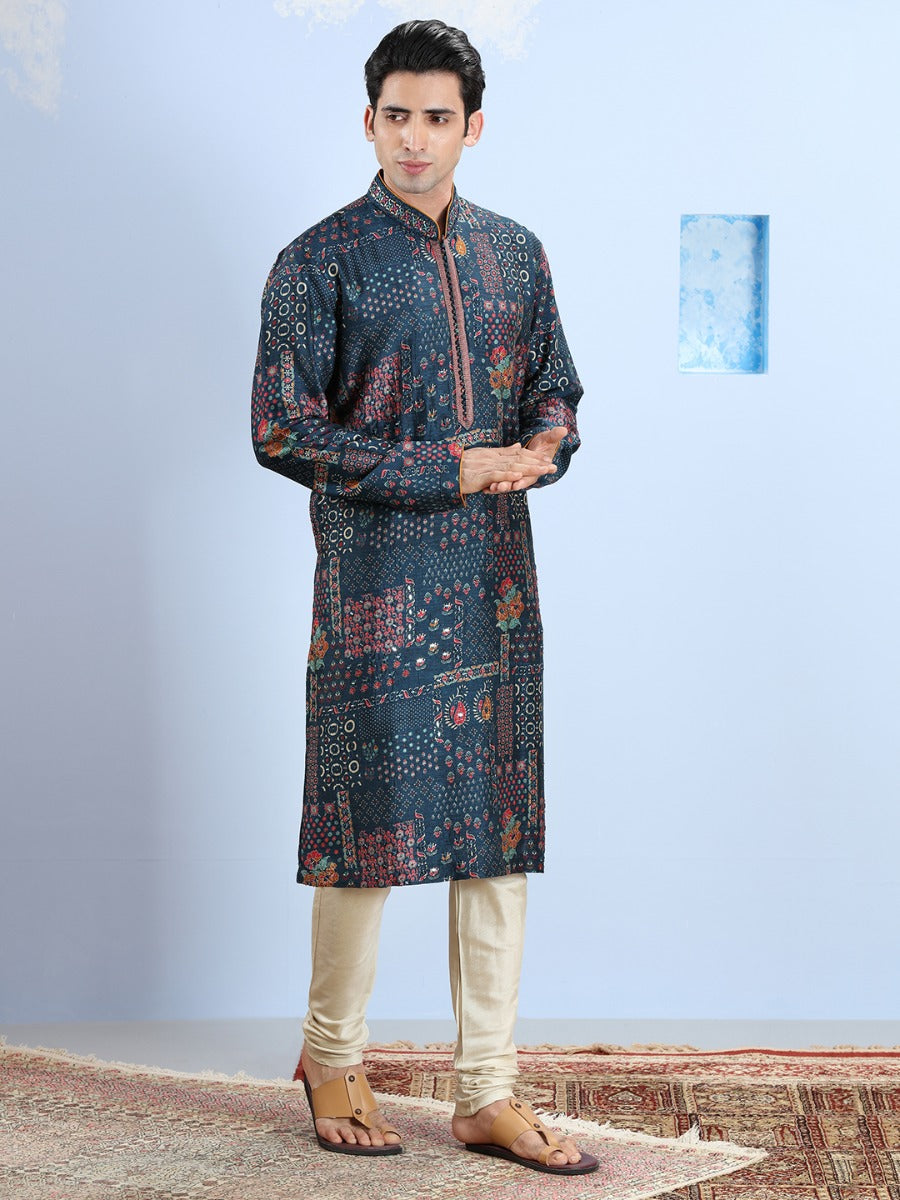 Cosmic Navy Printed Blended Silk Kurta Set
