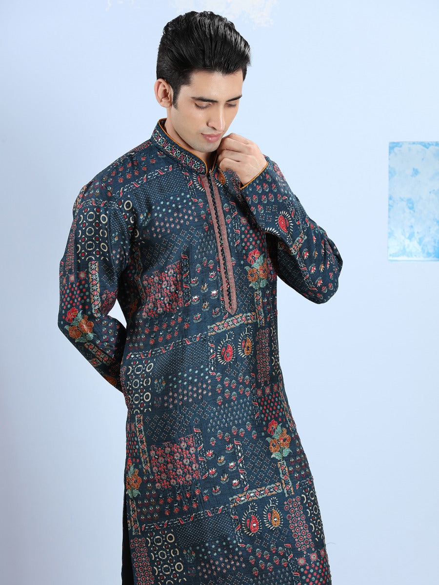Cosmic Navy Printed Blended Silk Kurta Set