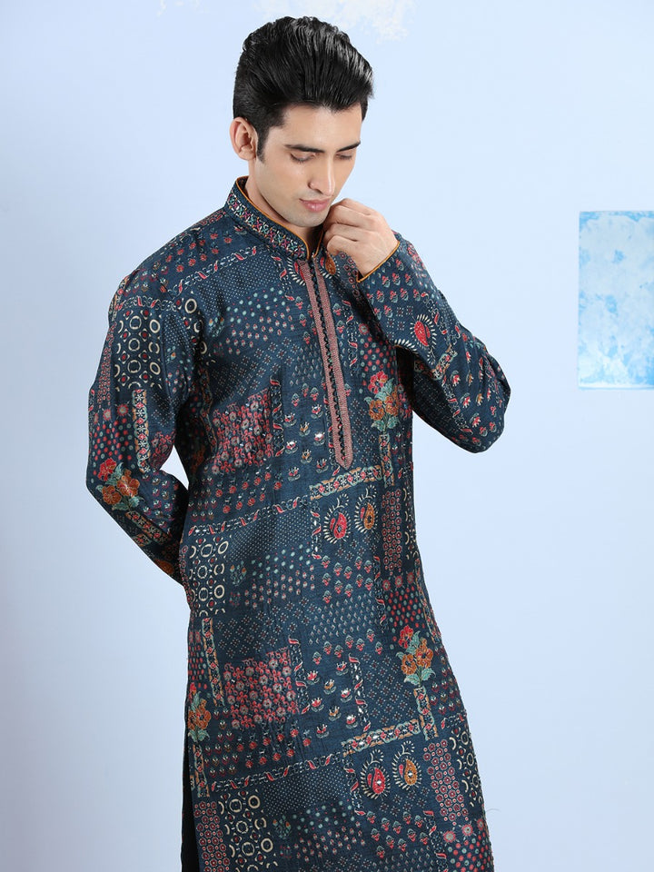 Cosmic Navy Printed Blended Silk Kurta Set