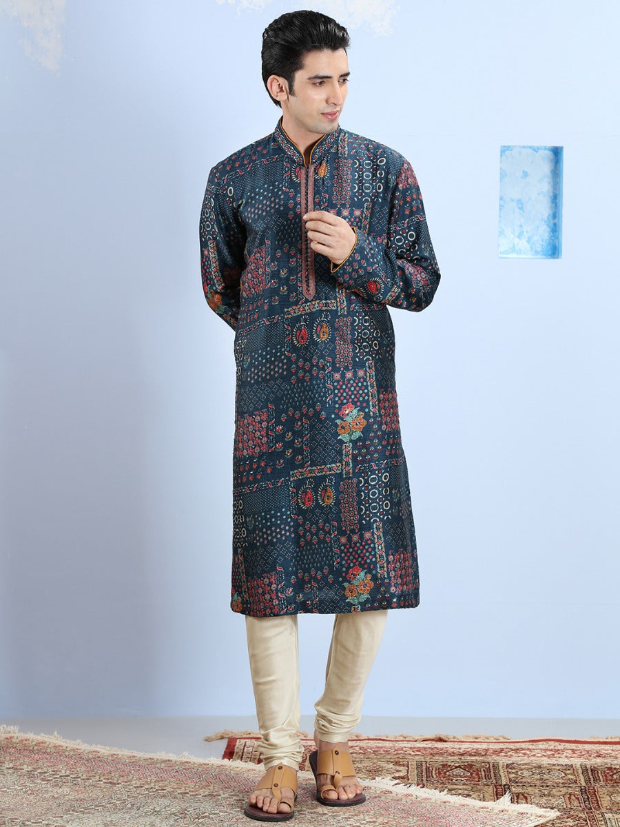 Cosmic Navy Printed Blended Silk Kurta Set