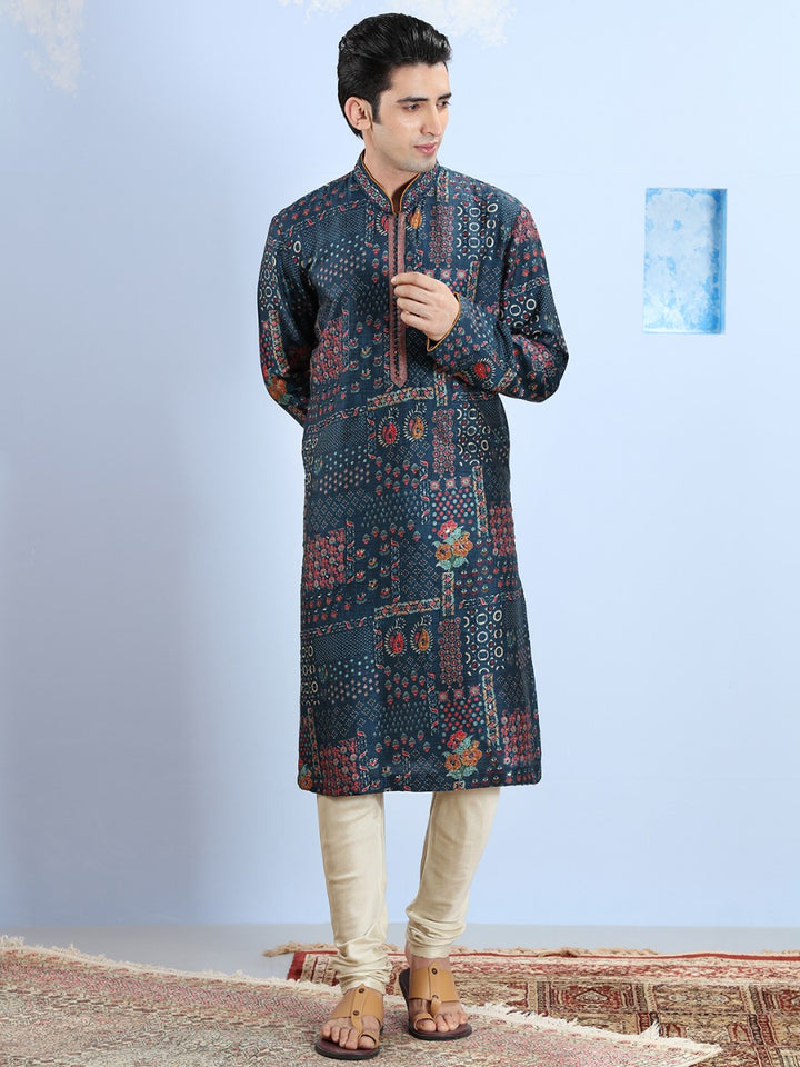 Cosmic Navy Printed Blended Silk Kurta Set
