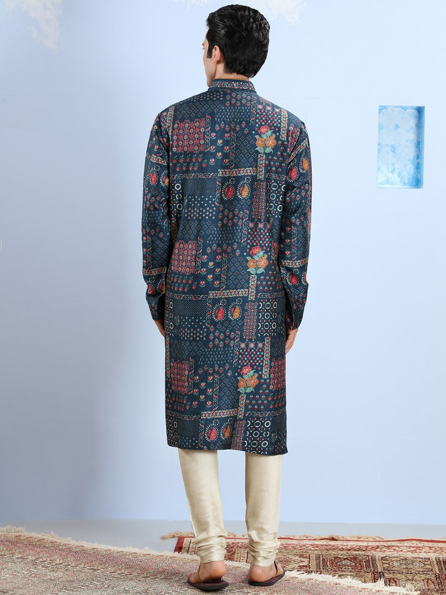 Cosmic Navy Printed Blended Silk Kurta Set