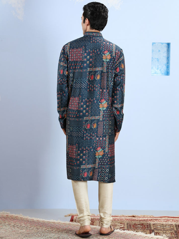 Cosmic Navy Printed Blended Silk Kurta Set
