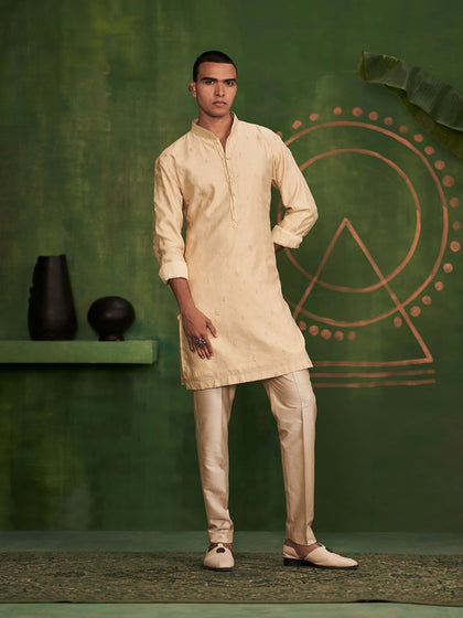 Light Gold Kurta Set with Hand Embroidery and Aligadi Pants