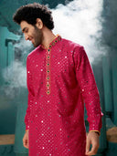 A Pink mirror effect with yellow detailing Kurta for Men