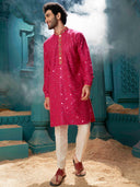 A Pink mirror effect with yellow detailing Kurta for Men