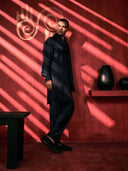 Navy Blue Kurta Set With Stole and Aligadi Pants