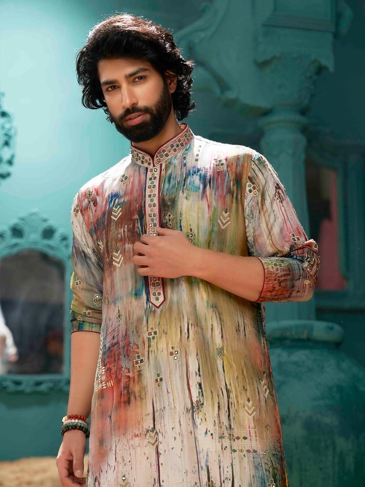 Multi colour pixelated printed kurta set