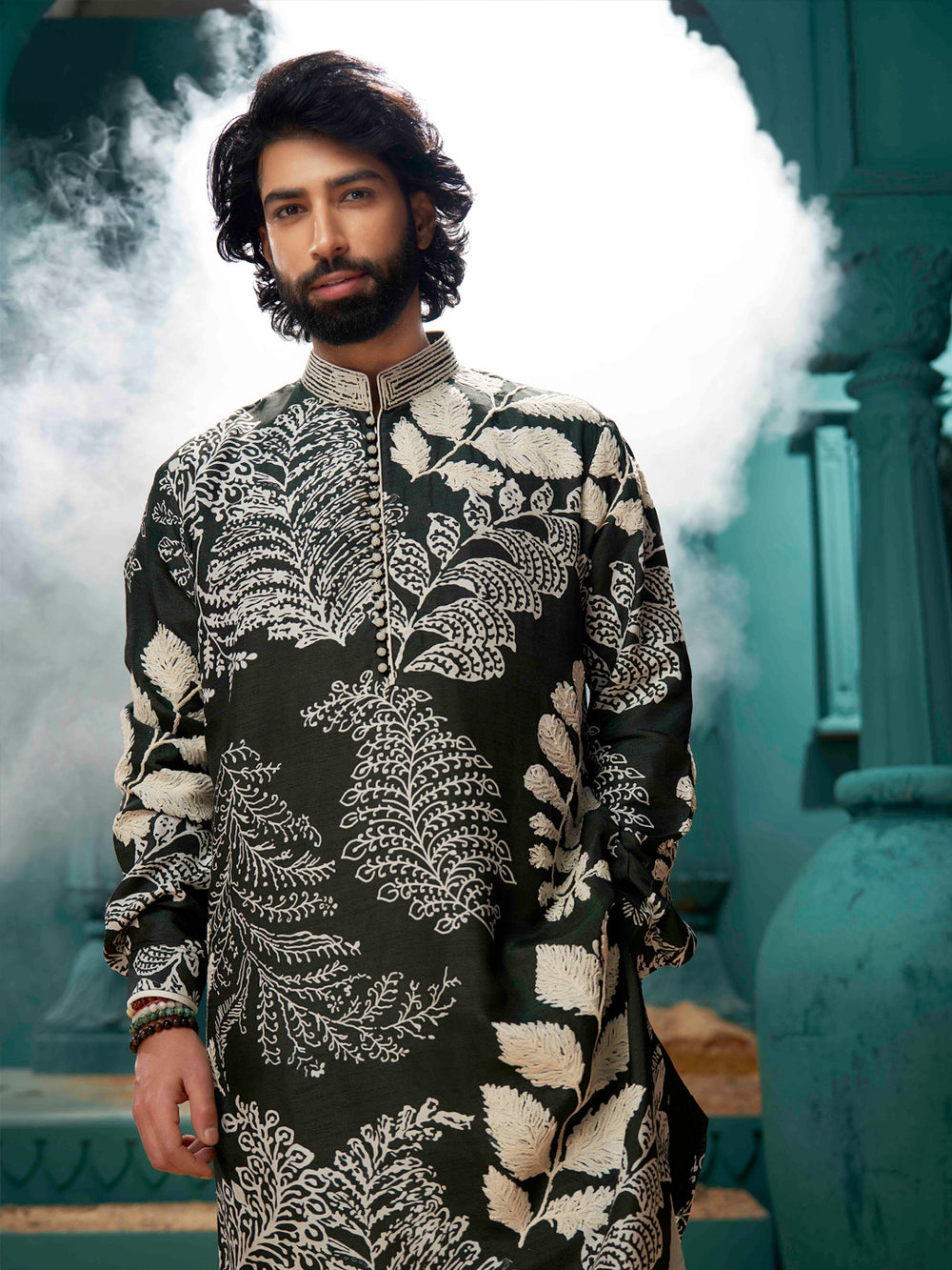 Printed green kurta made from Mysore silk