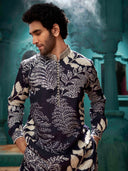A navy blue kurta with cream color aligadi