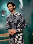 A navy blue kurta with cream color aligadi