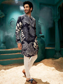 A navy blue kurta with cream color aligadi
