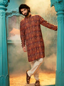 Wine Kurta Set with Multi-Thread Embroidery for Men