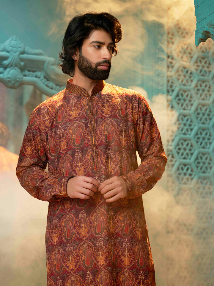 Wine Kurta Set with Multi-Thread Embroidery for Men