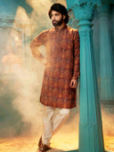 Wine Kurta Set with Multi-Thread Embroidery for Men
