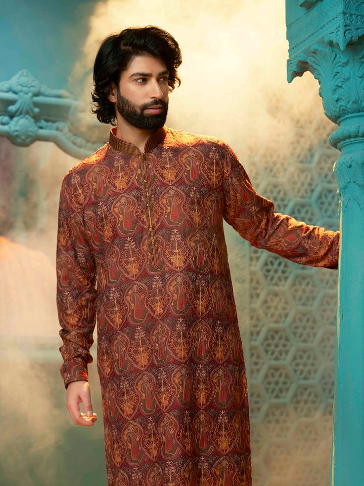 Wine Kurta Set with Multi-Thread Embroidery for Men
