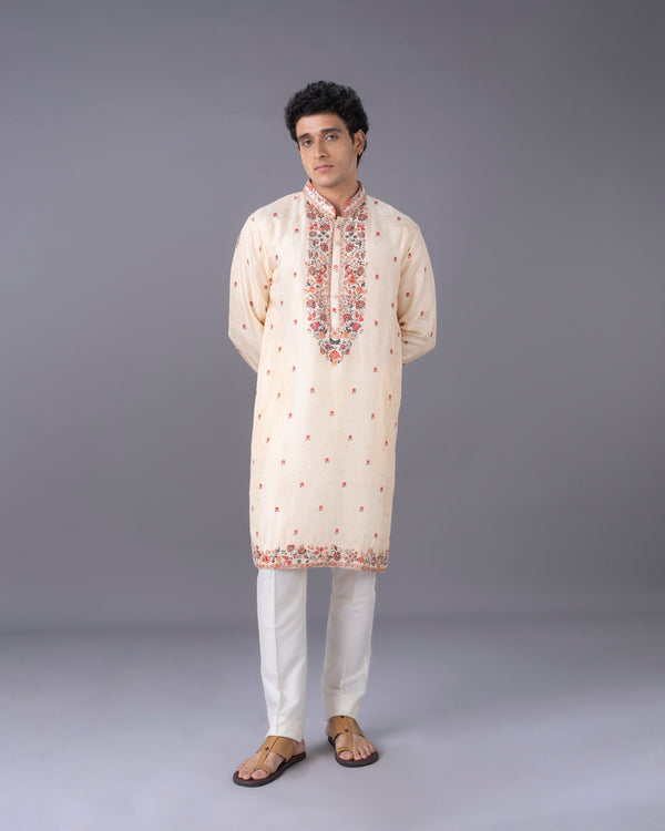 Cream Silk Kurta Set with Multicolour Aari Embroidery
