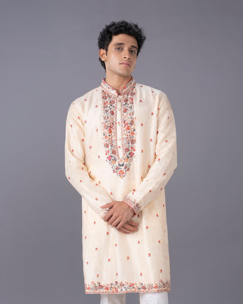 Cream Silk Kurta Set with Multicolour Aari Embroidery