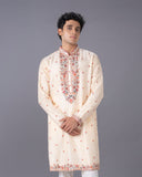 Cream Silk Kurta Set with Multicolour Aari Embroidery