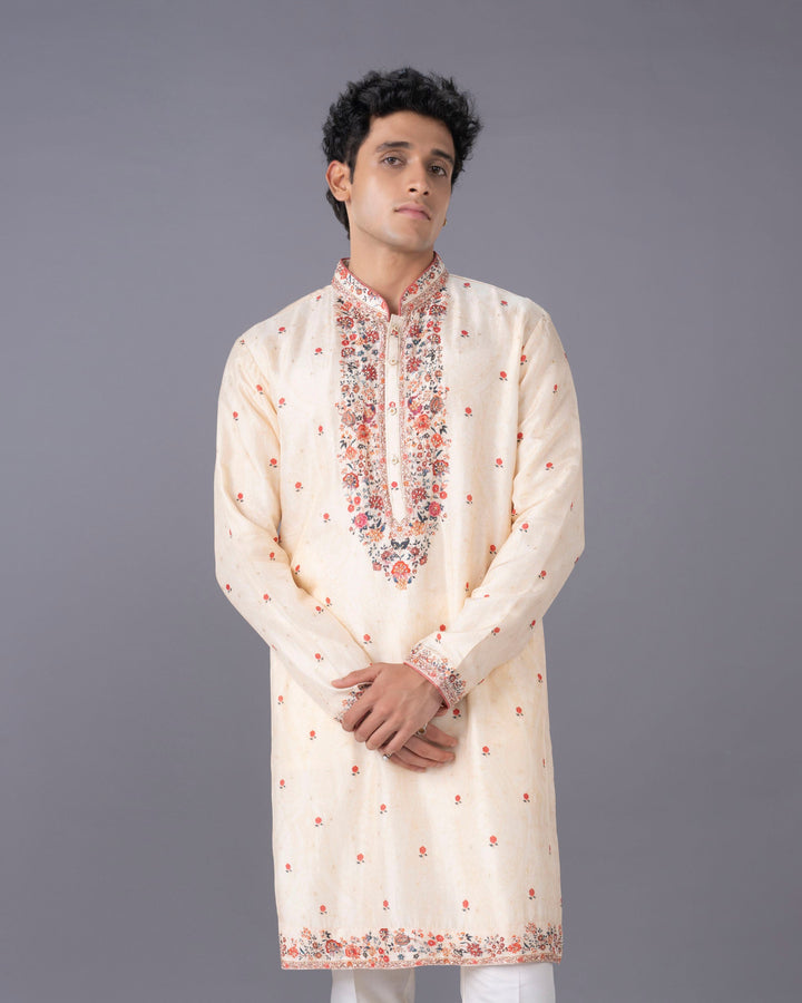Cream Silk Kurta Set with Multicolour Aari Embroidery