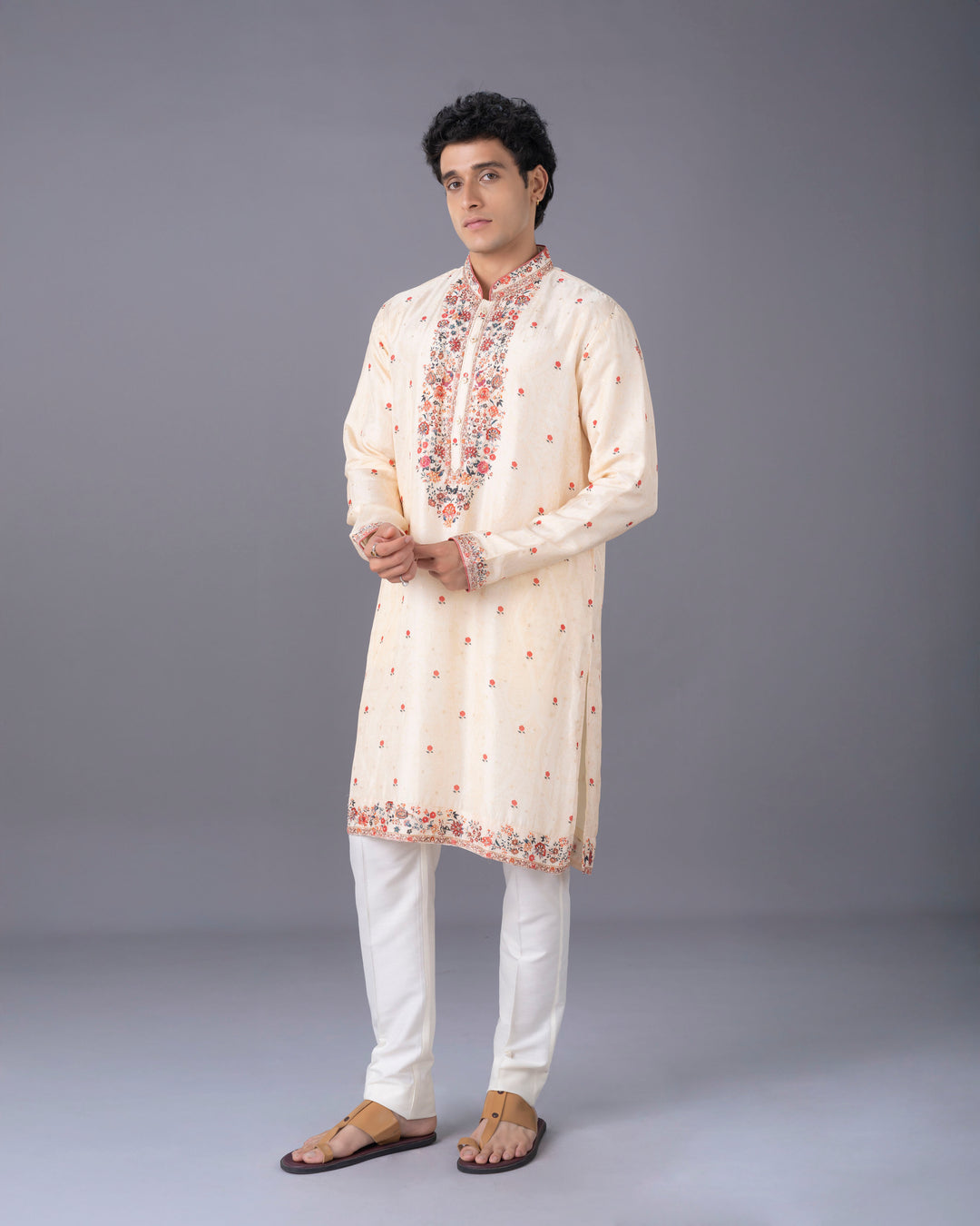 Cream Silk Kurta Set with Multicolour Aari Embroidery