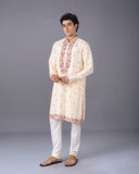 Cream Silk Kurta Set with Multicolour Aari Embroidery
