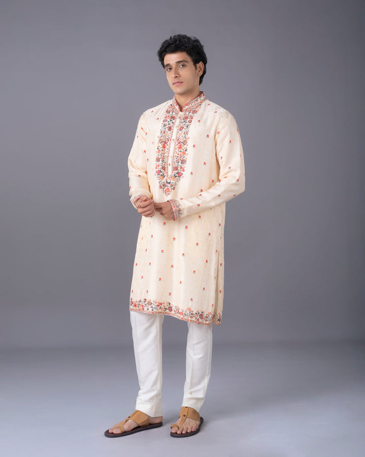 Cream Silk Kurta Set with Multicolour Aari Embroidery