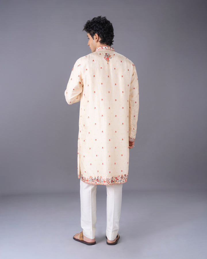 Cream Silk Kurta Set with Multicolour Aari Embroidery