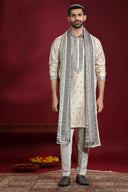 Cream Banarasi Jacquard Silk Kurta Set with Black and Cream Printed Dupatta