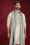 Cream Banarasi Jacquard Silk Kurta Set with Black and Cream Printed Dupatta