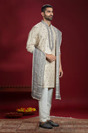 Cream Banarasi Jacquard Silk Kurta Set with Black and Cream Printed Dupatta